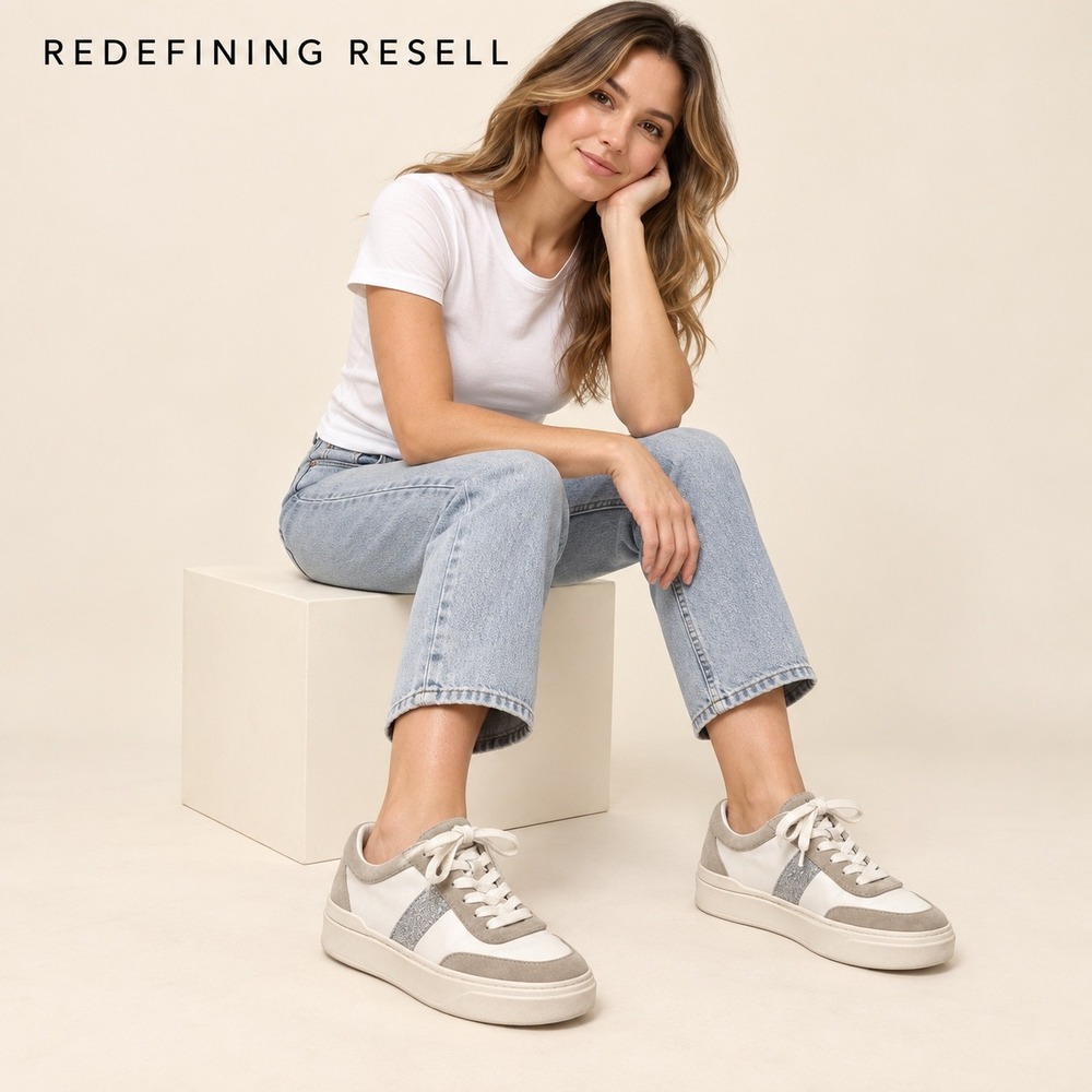 Stuart Weitzman Goldie Leather Suede Platform Sneakers White Grey Silver 7B
